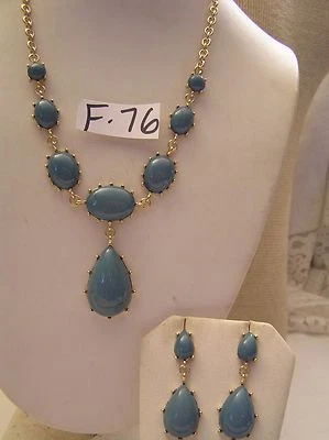 2 Pc Set Turquoise blue Cabochon Necklace & pierced earring Jewelry Gold Pl 18" - Image 1 of 2