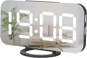 Digital Alarm Clock,Large Mirrored LED Clock,Snooze,Dim Night Light 2 USB Charge - Picture 1 of 8