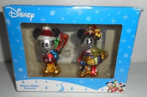 Disney Blown Glass 2 Piece Holiday Ornament Mickey & Minnie Christmas Art New - Picture 1 of 9