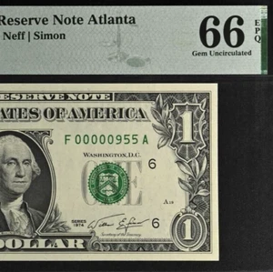 1974 $1 Atlanta FRN PMG 66EPQ gem three digit low serial number 00000955 - Picture 1 of 3