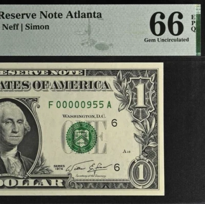 1974 $1 Atlanta FRN PMG 66EPQ gem three digit low serial number 00000955 - Image 1 of 3