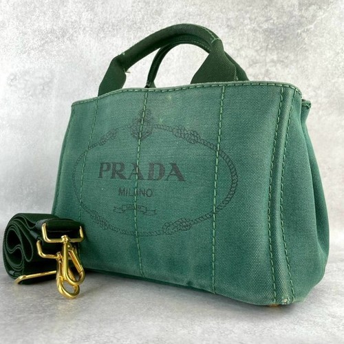 Borsa tote PRADA Canapa S 2 vie borsetta tracolla tela verde x oro usata