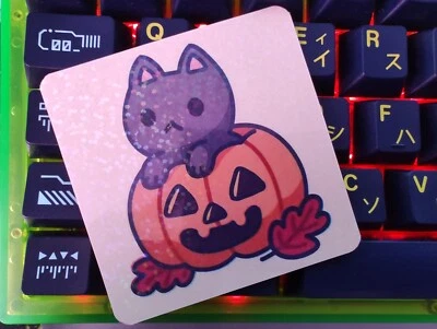 Halloween Cat Pumpkin Kitten Cute Kawaii Chibi Sticker Holographic Water Proof - Image 1 of 3