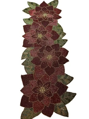 Cynthia Rowley Red Gold Pointsettia Beaded Table Runner Christmas 13x38” Read - Image 1 of 4