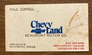 Vintage 1970s Chevy Land Chevrolet Beaumont Motor Co Business Card Texas TX P1H - Imagen 1 de 9