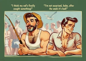 Gay postcard inspired by vintage British saucy seaside humour: Caught Something - Picture 1 of 2