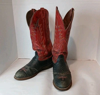 Botas de Vaquero Larry Mahan Vintage Años 80 Rojo y Negro Llama Talla 8.5 XE (VER ÚLTIMA FOTO Foto 1 de 4
