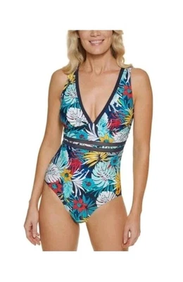 Traje de baño Tommy Hilfiger de una pieza en azul floral tropical talla 10 nuevo sin etiquetas Foto 1 de 4