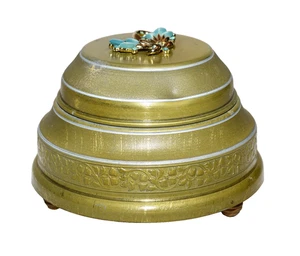 Caja de polvo musical vintage años 40 tono dorado azul lucita estrás flor funcionando - Imagen 1 de 7