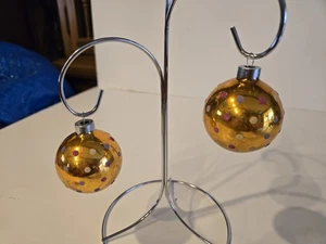 2 Vintage Coby? Gold Polka Dot Glass Christmas Ornaments, 2" Diam. Made In USA - Picture 1 of 7
