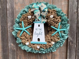 Coastal Nautical Ruffled Lighthouse Burlap Wreath - Be the Light - New Handmade - Picture 1 of 10