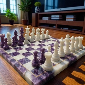 24" Luxury Gemstone Chess Set Amethyst and White Agate Stone Board Unique Gift - Picture 1 of 7