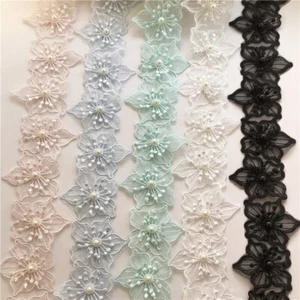 Flower Pearl Lace Embroidered Applique Wedding Ribbon Dress Garment Decoration - Picture 1 of 13