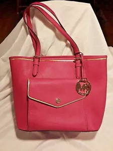 New Michael Kors Saffiano Leather Pink/Red Jet Set Snap Pocket Tote - J-1407 - Picture 1 of 12