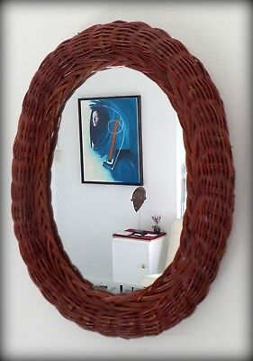 Charmant Miroir En Rotin Des Années 70-Miroir Vintage En Osier-Miroir Ovale • 15€