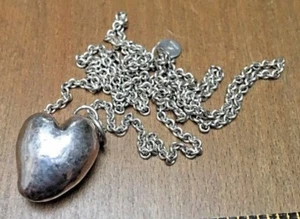 34" Necklace Sterling Silver  with Large Puffy Heart Pendant VTG ESTATE - Picture 1 of 6