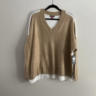 Suéter Vince Camuto Mujer L Marrón Marfil Gran Tamaño Cuello en V Contraste Alto-Bajo Nuevo con Etiquetas Foto 1 de 4