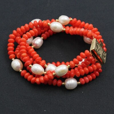 Pulsera 5 Filas Natural Blanco Arroz Perla Naranja Coral Hecha a Mano para Mujer Foto 1 de 4