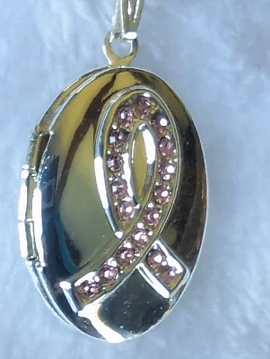 Avon Breast Cancer Awareness 16" Pink Rhinestone Oval Locket - Image 1 of 4