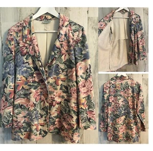 vtg 80s womens Retro Floral Denim Blazer Sz 10 Jacket Pockets Willow Ridge USA - Picture 1 of 11