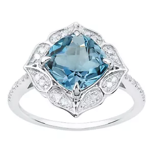 Oro Blanco Estilo Vintage Original Talla Cojín Topacio Azul y Diamante Anillo - Imagen 1 de 5