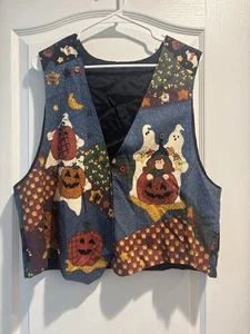 VINTAGE 90'S HALLOWEEN VEST- SZ LXLPatchwork PUMPKINS GHOSTS BLACK CATS WITCHES - Picture 1 of 12