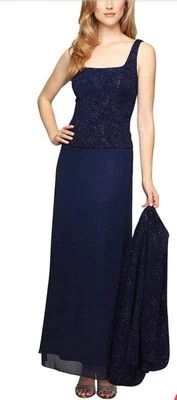 Vestido de Noche Alex Evenings Tejido Jacquard Brillo, Azul Marino Sin Chaqueta Nuevo Plus 18 Foto 1 de 4