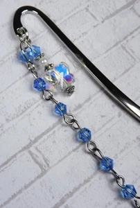 Butterfly Beaded Chain Bookmark Handmade Crystal Glass Blue Silver 3" New - Picture 1 of 4