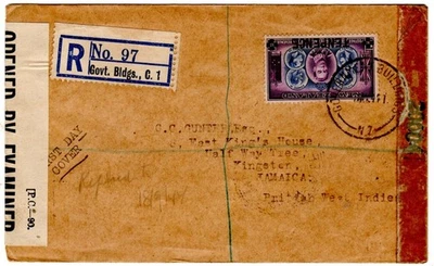 New Zealand 1944 Gov't Buildings to Jamaica BWI censored registered FDC - Image 1 of 2