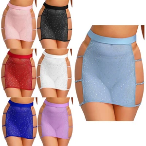 Womens Sparkly Rhinestone Sheer Mesh Miniskirt Elastic Bodycon Skirt Clubwear - Picture 1 of 80