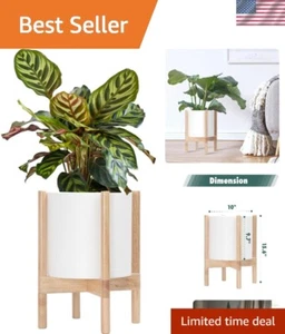 10 Inch Matte White Indoor Planter Pot with Elegant Wood Stand - Modern Design - Picture 1 of 8