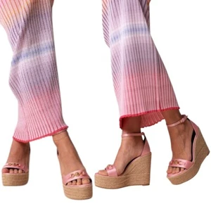 New Versace 95 Medusa Satin Wedge Espadrille Sandals Pink 120 mm Womens Size 40 - Picture 1 of 10