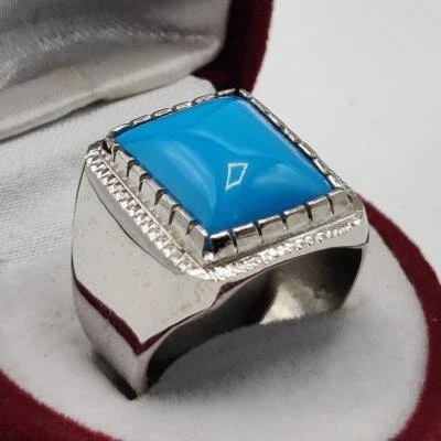Кольцо из чистого серебра с натуральной бирюзой с подогревом и обработкой для мужчин и женщин - Изображение 1 из 4