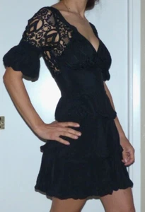 Gorgeous bebe Small Black Lace Crochet and Silk Puff Sleeve Mini Boho Goth Dress - Picture 1 of 9