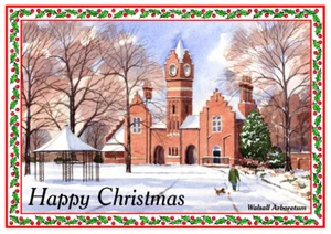 WALSALL ARBORETUM CLOCK ARTISTS PAINTING GLOSSY CHRISTMAS CARD 8"x 6" FREE POST - Picture 1 of 2