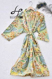 Cotton Robe Handmade Bathrobe Sexy Kimono 3/4Sleeve Bikini Cover-up Paisley Gown - Picture 1 of 30