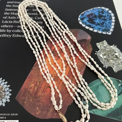 Colar longo vintage ouro amarelo 14K genuíno pérola de água doce fio triplo 38" - Imagem 1 de 4