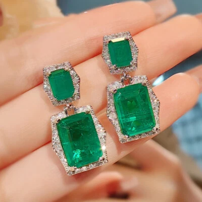 New Rectangle Neon Green Citrine Gemstone Charm Silver Women Dangle Stud Earring - Image 1 of 4