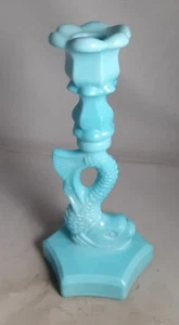 RARE Westmoreland Blue Milk Glass Koi Fish Dolphin 9 1/2" Candlestick Holder - Picture 1 of 6