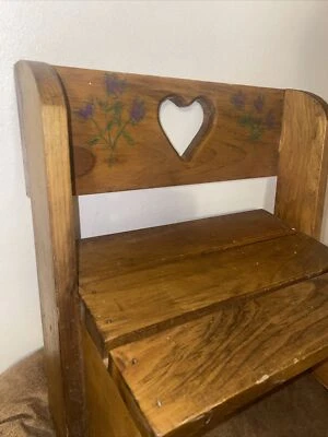 VTG Hand Crafted Rustic Wood Youth/Dolls Bench Seat Heart Stained Painted Floral - Image 1 of 4