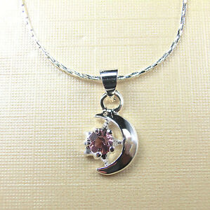 18k White Gold Plated Star & Moon Style Pendant With Chain 'Amethyst' CZ