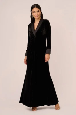 Vestido de esmoquin para mujer Adrianna Papell negro de terciopelo con frente torcido talla 6 Foto 1 de 4