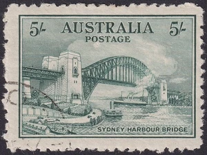 Australia 1932 KGV Sydney Harbour Bridge 5sh Blue-Gn CTO Used SG143 c£225 SCRAPE - Imagen 1 de 2