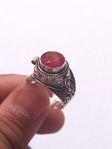 Secret Round Poison Ring or 925 Silver Oxidized and Red Ruby Size 7,8,9,10 US