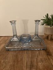Art Deco 5 Piece Ice Blue Glass Dressing Table Vanity Set Candlesticks Ring