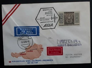 1966 Austria 1st Flight AUA Vienna to Innsbruck via Salzburg Cover ties 3S stamp - Bild 1 von 2
