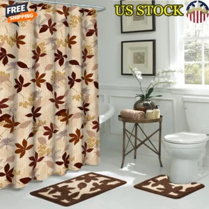 15 Piece Floral Shower Curtain Set W/ Bath Rugs & Rings Skid-Resistant Washable - Picture 1 of 7