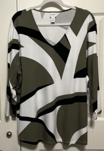 Chico's Weekends Fatigue Bold Strokes V-neck 3/4 Sleeve Knit Top Sz 4(20/22) NWT - Picture 1 of 11