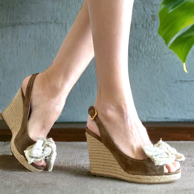 PRADA Beige Suede & Canvas Bow Peep Toe Espadrille Wedge Sandals, Size 39.5 - Image 1 of 4