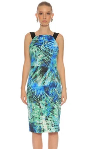 FAB Karen Millen Green Blue Black Palm Leaf Print Pencil Dress Size 12 VGC DA058 - Picture 1 of 9